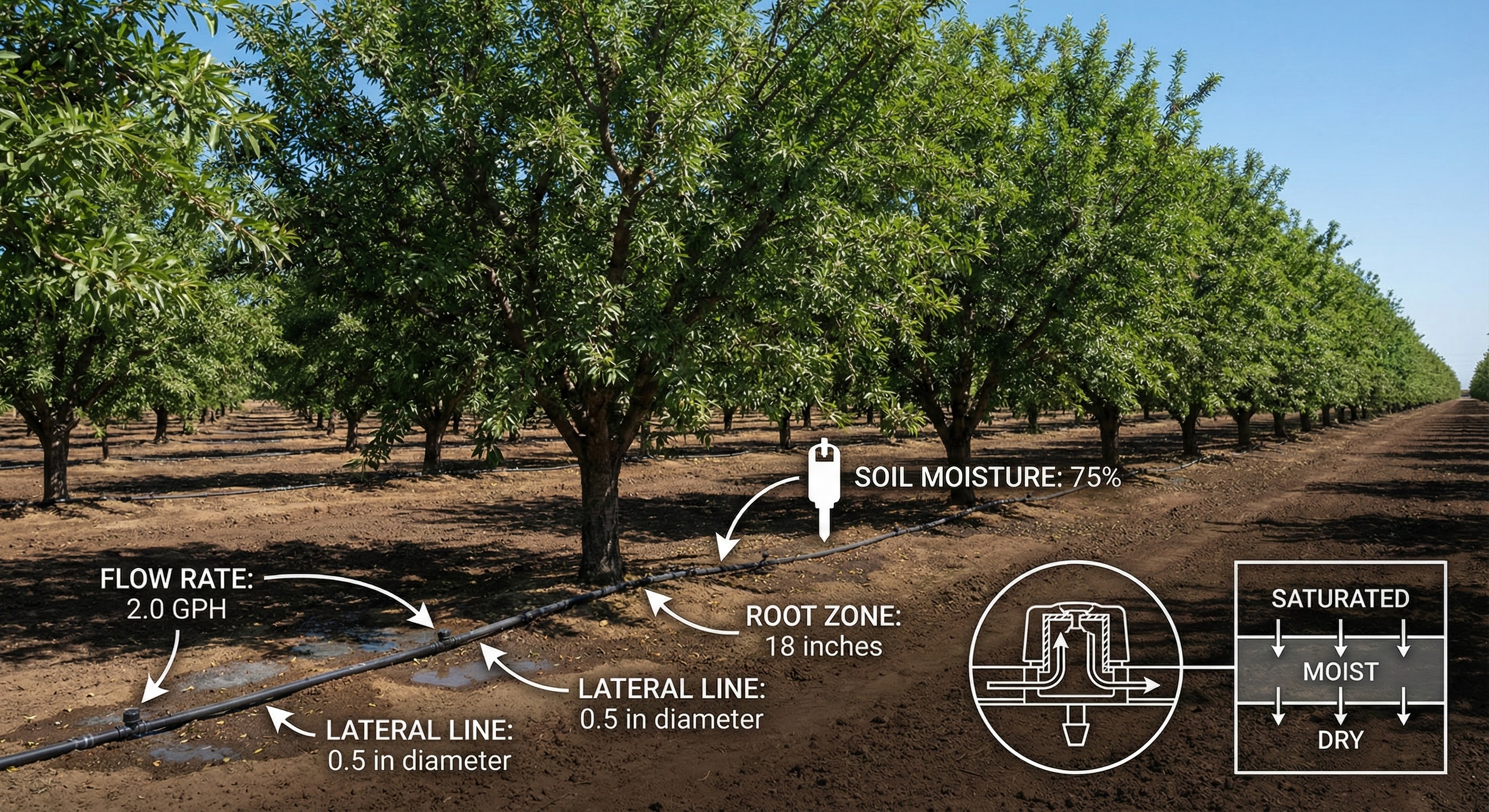 Irrigation System Technical Specifications - Flow rate 2.0 GPH, Lateral line 0.5 inch diameter, Root zone 18 inches, Soil moisture 75%